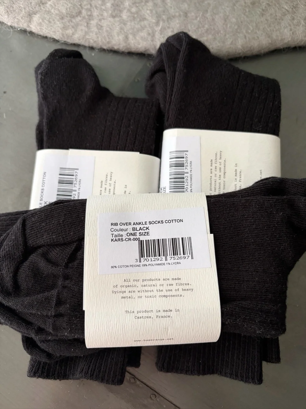 Baserange Rib over ankle organic cotton socks x3